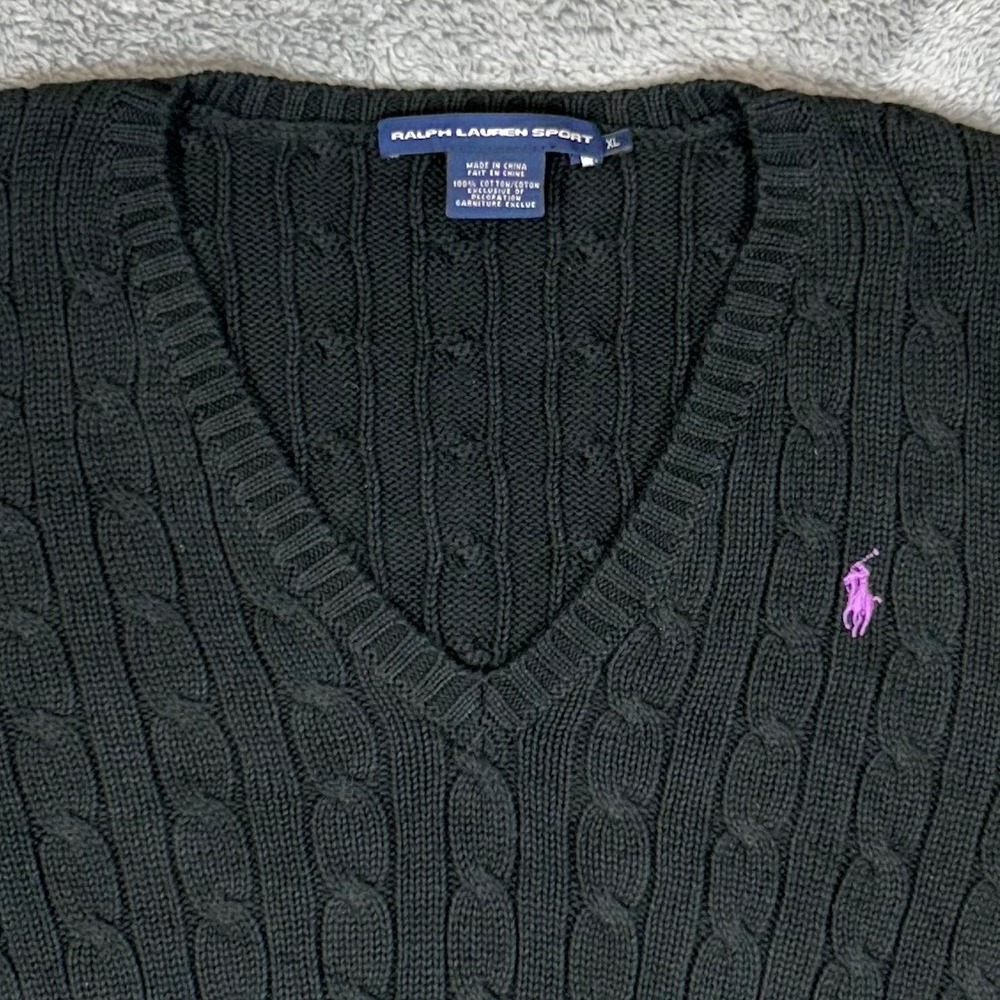 Ralph Lauren Sport Womens XL Black Cable Knit V-Neck Cotton Sweater Purple Pony